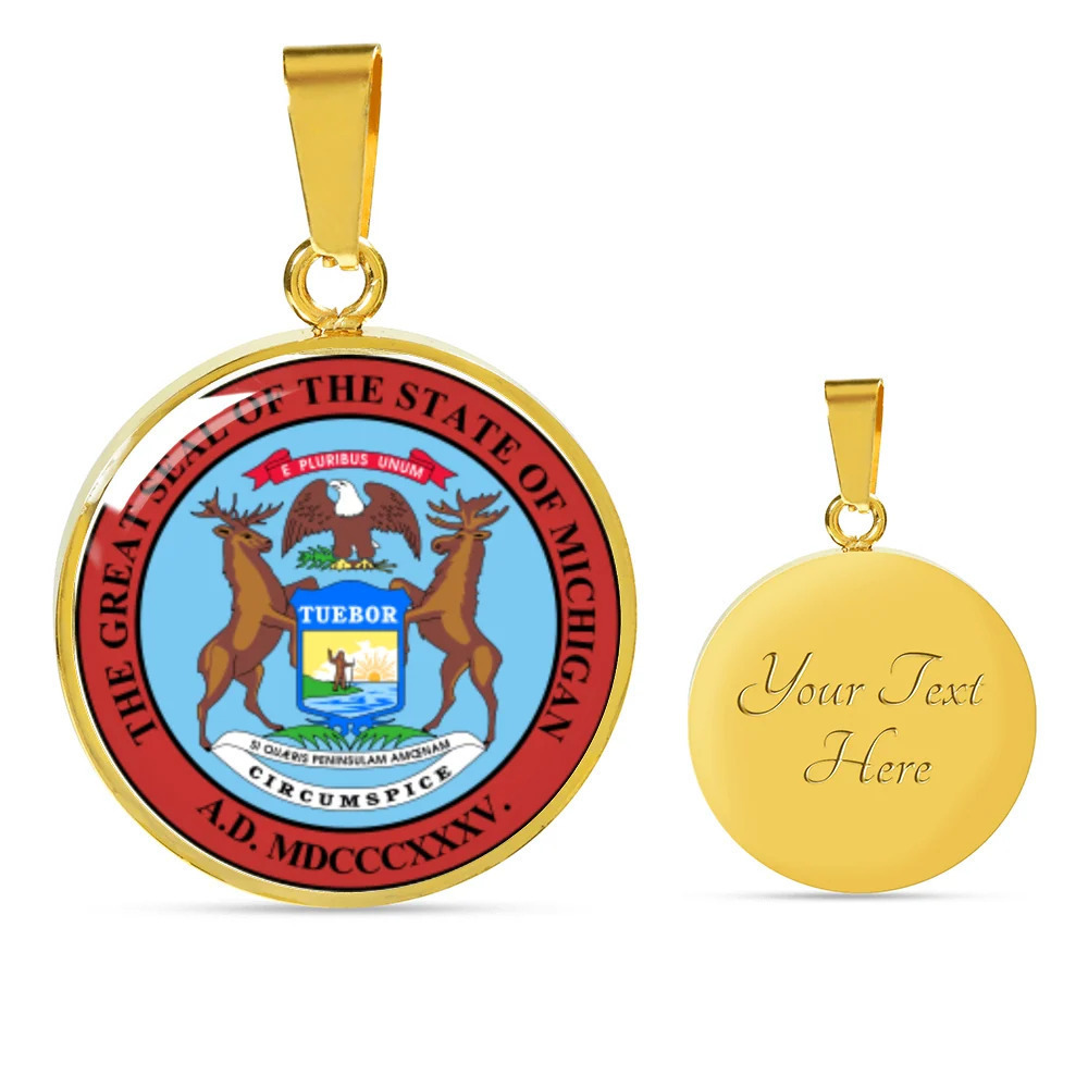 Michigan State Seal Personalized Engraved Gold Circle Necklace Custom Name Date